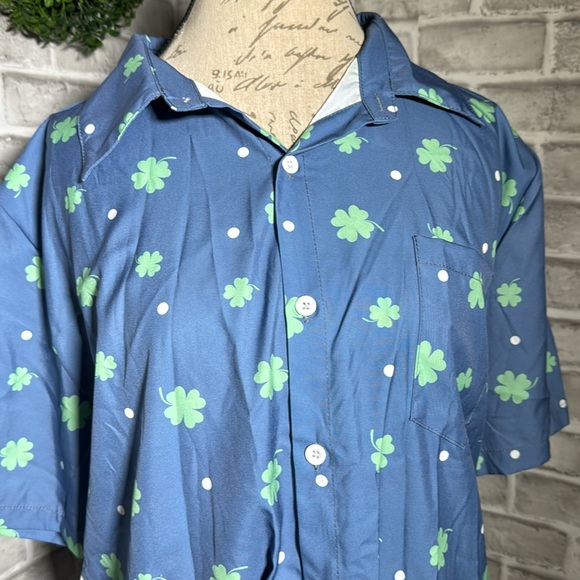 Men's Blue button up Shirt with Green Clovers & dots - Picture 6 of 8